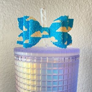 Glitter Blue Clouds Bow Straw Topper